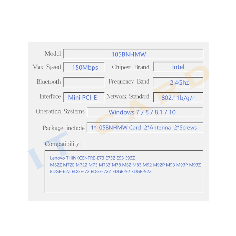 Карта Wi-Fi Intel Wireless-N 105 105BNHMW 2 4 ГГц 802.11b/G/N 150 Мбит/с Половина Mini PCI-E для ноутбука Lenovo FRU: