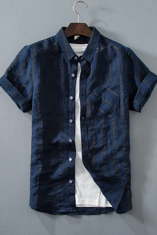 Мужские льняные полосатые рубашки с коротким рукавом и карманом рабочая рубашка