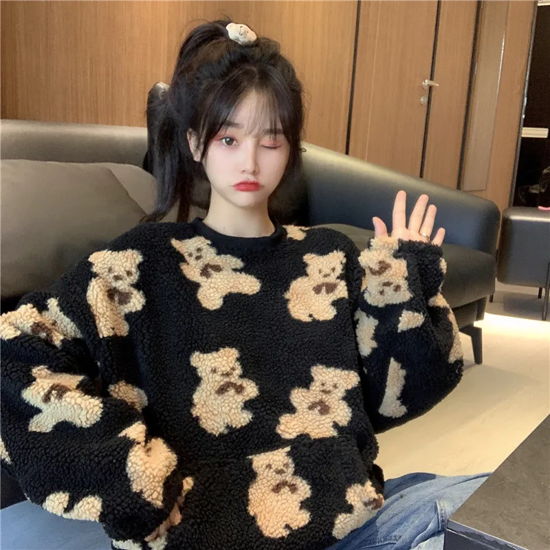 

Cashmere Thickened Lamb Wool Women's Sweatshirt Casual Korean Loose Pullover Lazy Wind Bear Hoodies Autumn and Winter New Trend
