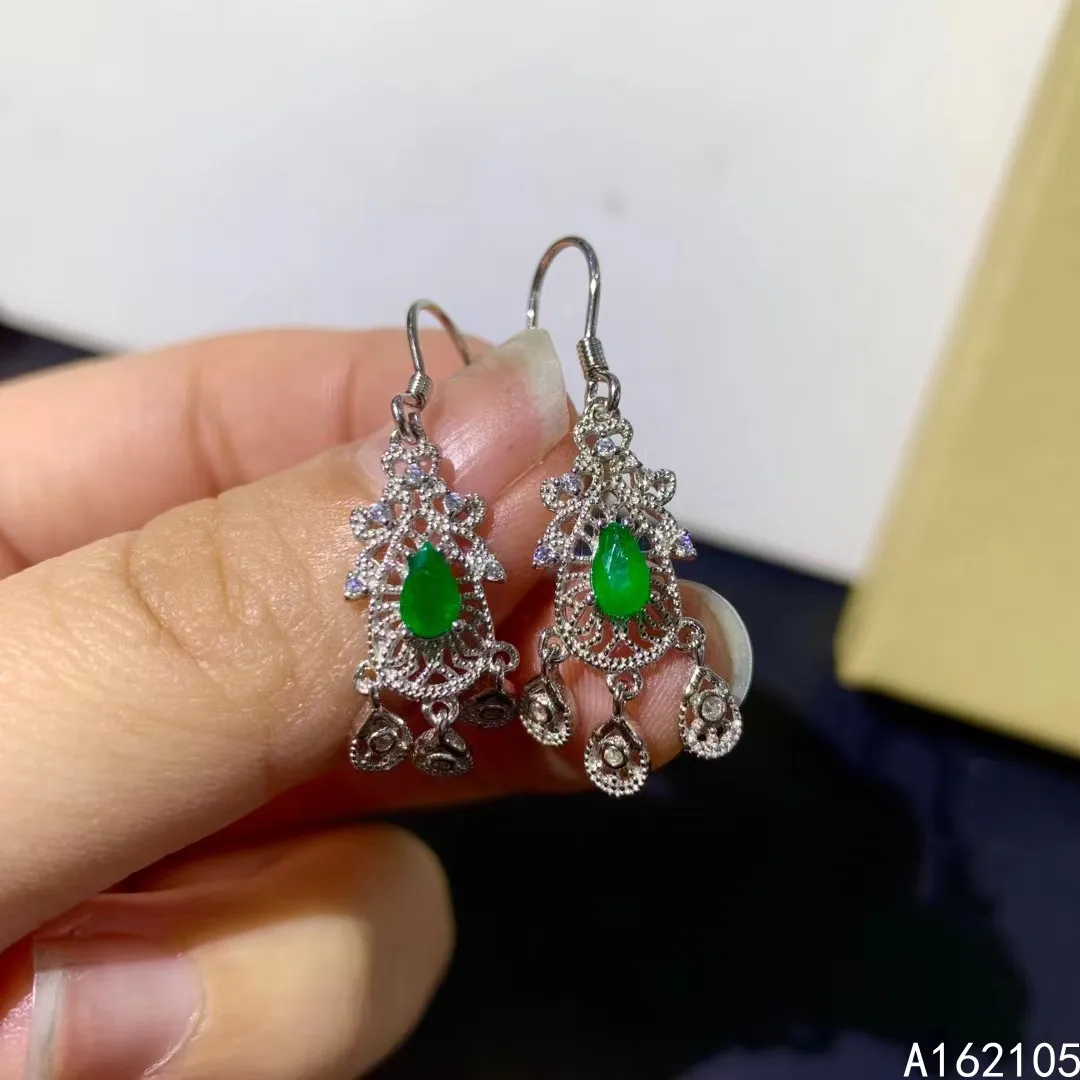 Fine jewelry 925 pure silver Chinese style natural emerald girl luxury fashion water drop gem earrings eardrop support detection