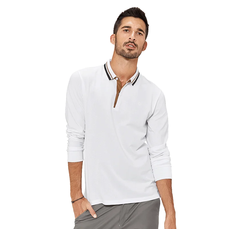 

KUEGOU Cotton Clothing Smart Caeual Men's Polo Shirts Autumn White Polos Men Long sleeve Fashion Stretch Top Plus Size ZT-88039