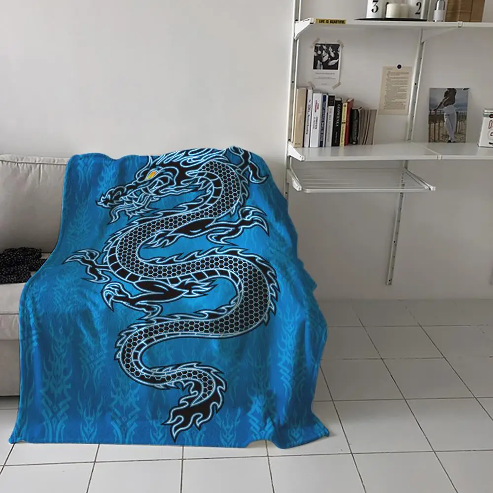 Одеяло с японским драконом черное одеяло голубым этническим рисунком дракона
