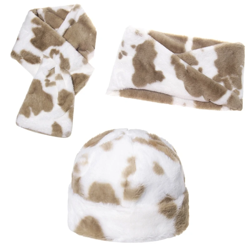 

3Pcs Winter Milk Cow Print Fluffy Plush Warm Beanie Skull Hat with Scarf Set
