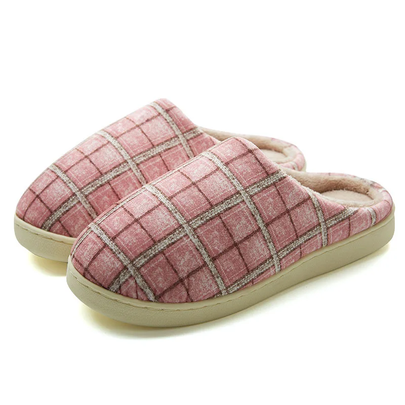 Winter Women House Slippers Casual Plaid Pattern Cotton Plush Shoes Women Warm Non-Slip Comfortable Indoors Flats Women Footwear