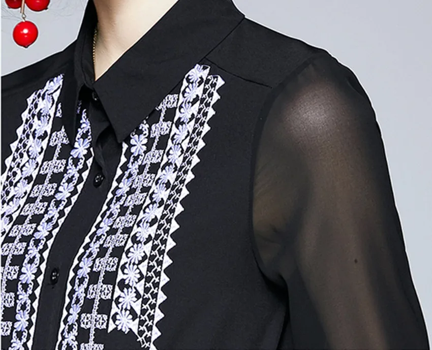 

JSXDHK High Quality Women Turn Down Collar Shirts New Autumn Sprint Single Breasted Flower Embroidery Chiffon Office OL Blouse