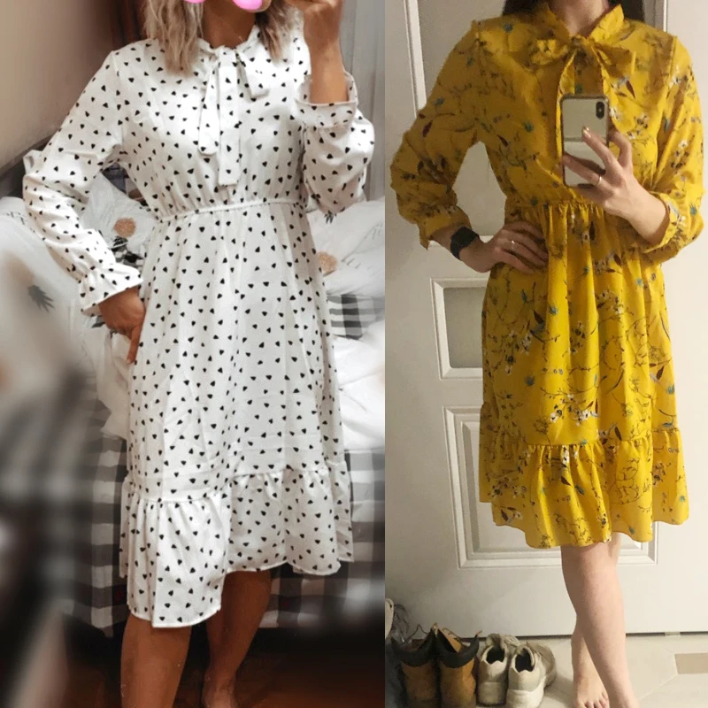 

2021 Women Casual New Spring Korean Dress Elegent Polka Dot Printed Chiffon Shirt Long Sleeve Bow Midi Boho Summer Dress Vestido