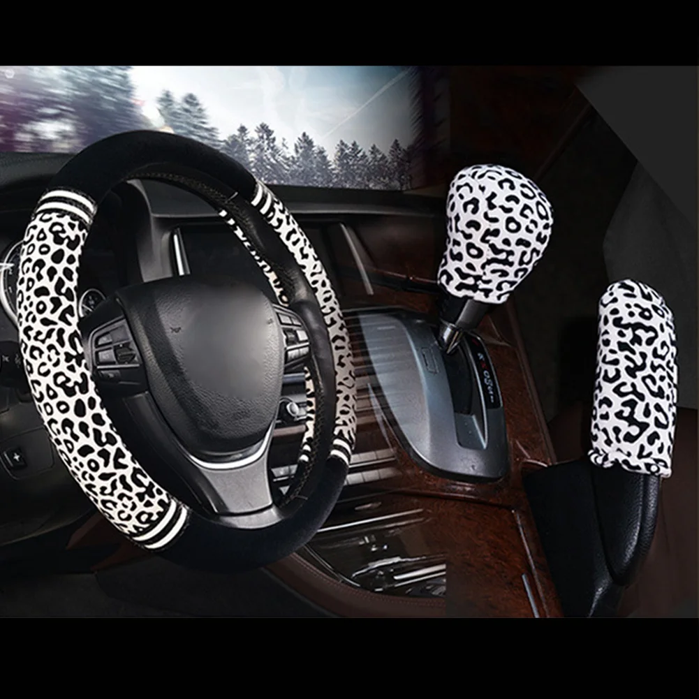 

14/"15" Plush Car Steering Wheel Cover Fluffy Leopard Pattern Cover with Optional Handbrake Cover Gear Shift Cover Accessories