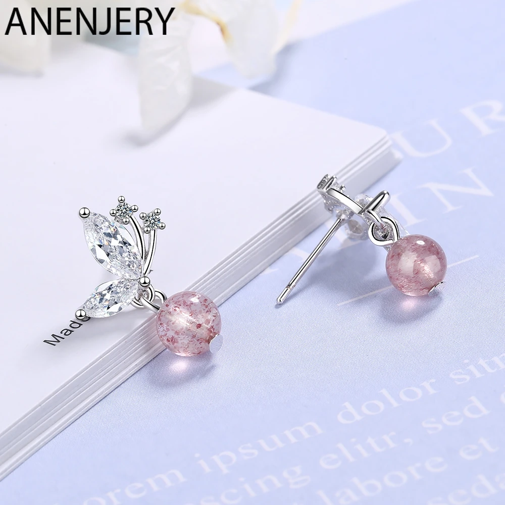ANENJERY милые 925 пробы серебряные серьги для женщин Nnatural Клубника Кристалл серьги с бантами предотвратить аллергию S-E922