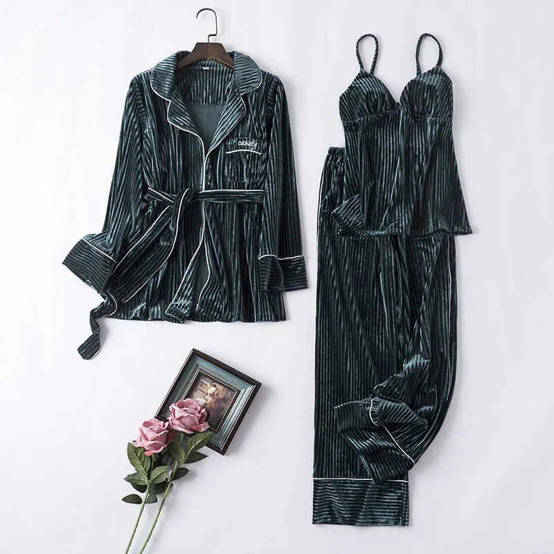 

Velvet Pajamas 3PCS Sleep Set Women Autumn New Kimono Robe Gown Nightwear Velour Nightgown Intimate Lingerie Home Clothes