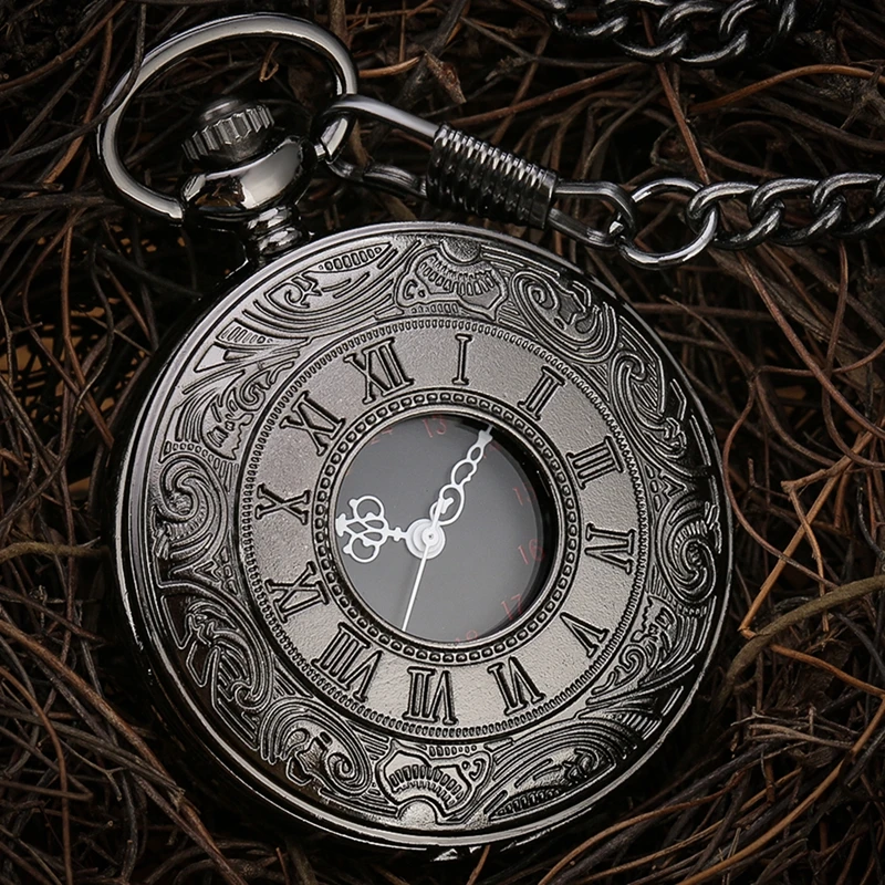 

Black Roman Numerals Quartz Pocket Watch Men Women Black Hollow Case Steampunk Vintage Pendant Necklace Best Gifts for Men Women