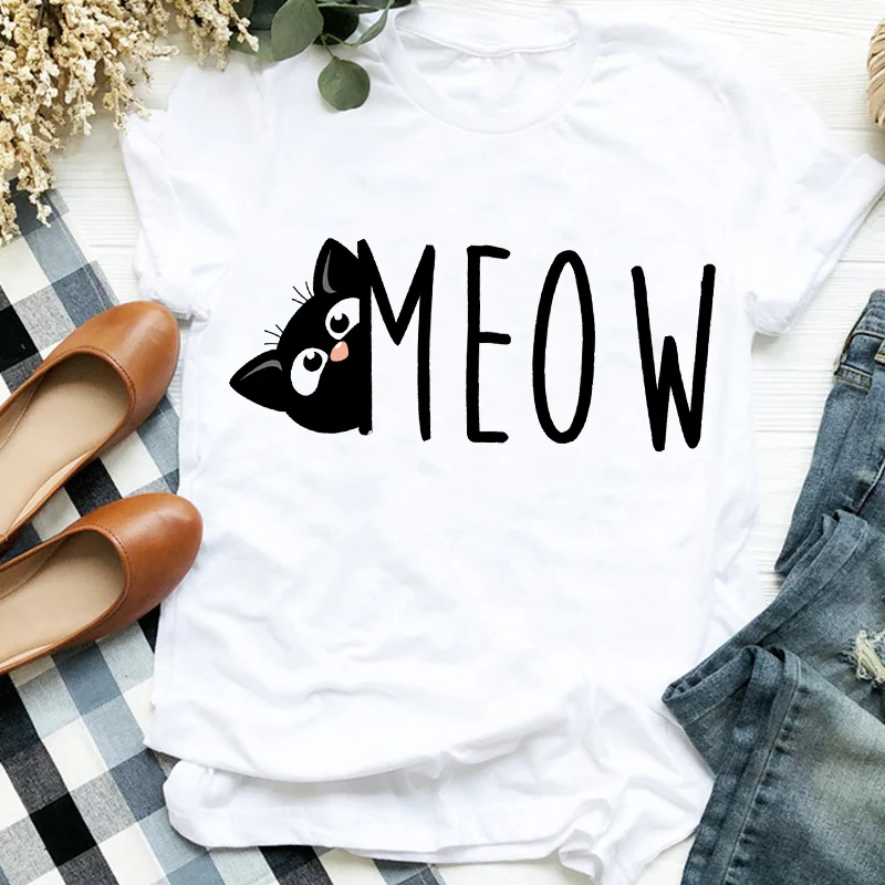 

Women Lady Funny Cat Funny Cartoon Girl 90s Summer Autumn Print Shirt T Tee for Womens Clothes Tshirt Female Top Graphic T-shirt