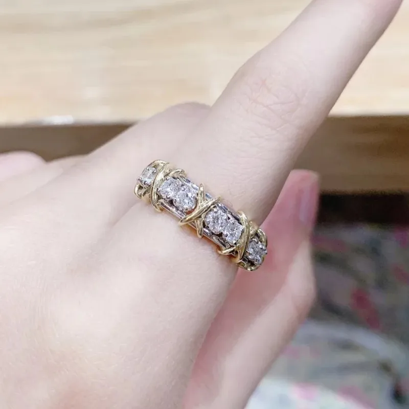 

Ms S925 Sterling Silver Classic Silver Gold Rose Gold Inlaid Zircon Cross Ring Bird's Nest Ring Couple Jewelry