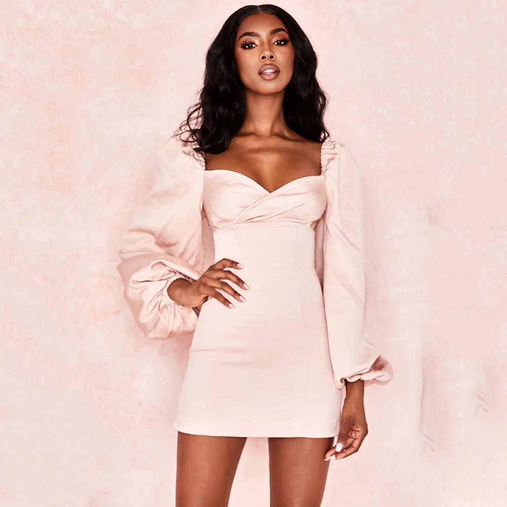 European&American Woman Sexy Little V-collar Self-cultivation Princess Nude Umbilical Cord Bubble Sleeve Pink Collar Dress | Женская