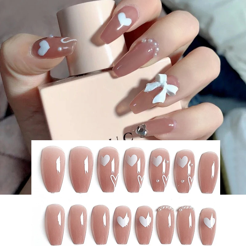 

Nail Sticker Fashion Bowknot Peach Heart Rhinestones Long Wearing Manicure French Fake Nail Removable Nail Sticker 24pcs/Set