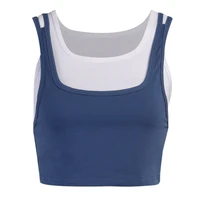 summer women sports vest solid color fake 2 pieces slim spaghetti straps backless sleeveless cropped tank top ladies sportswear