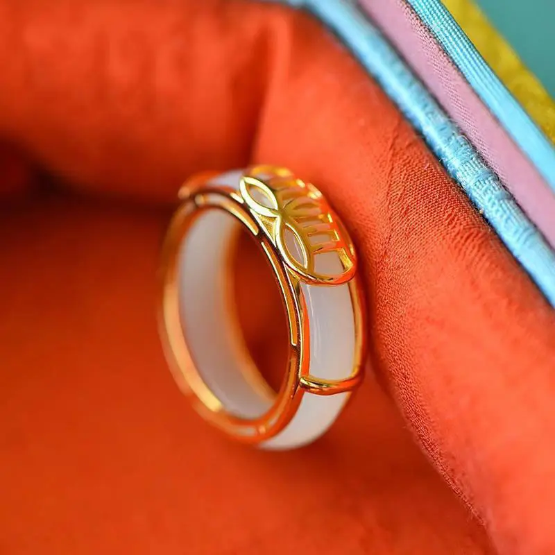 

Natural Hetian Jade Ring Female Male Couple Rings S925 Sterling Silver Gold Plated Jade Ring Couple Gift White Jade Little Finge