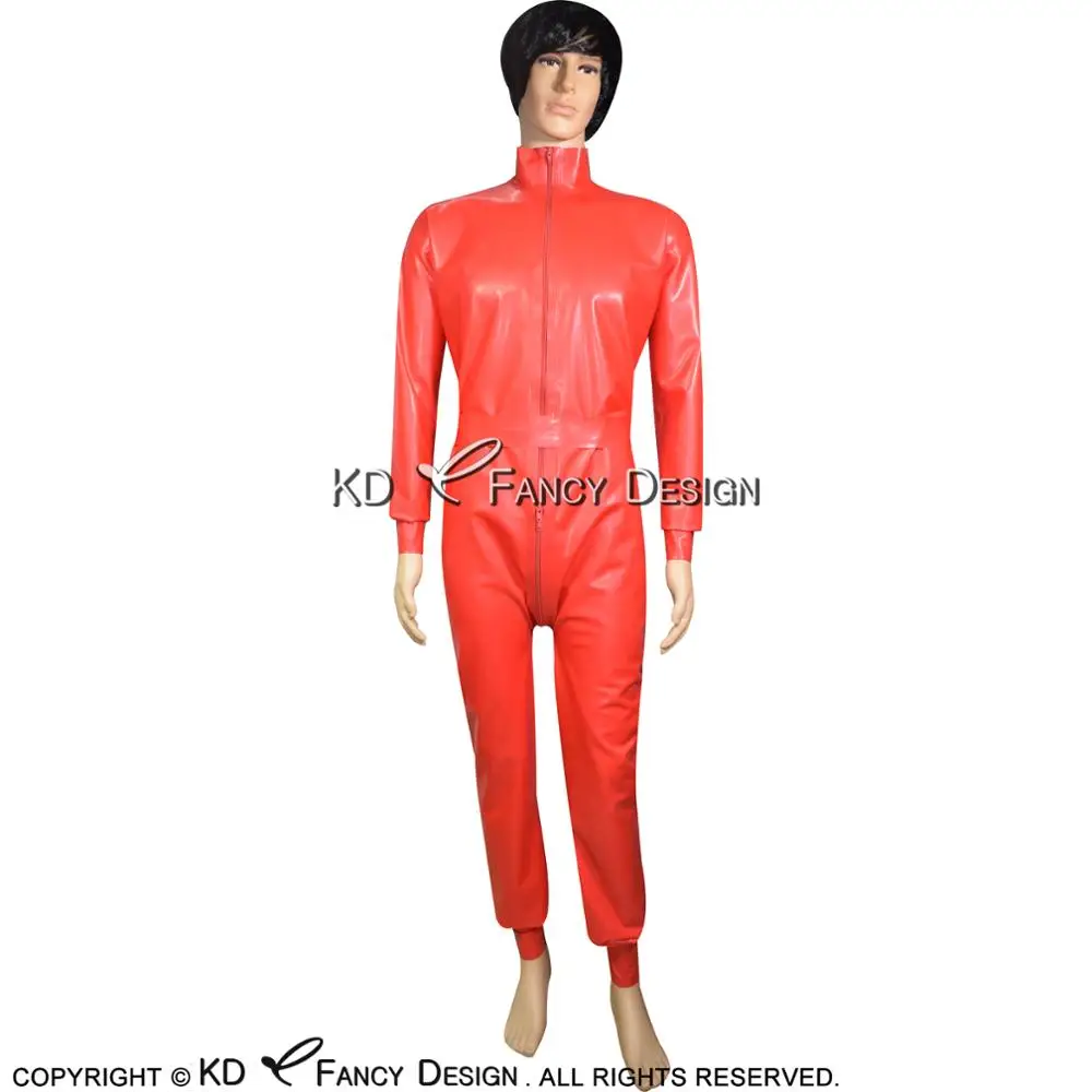 Красный неплотно сексуальный комбинезон из латекса с карманом на молнии спереди