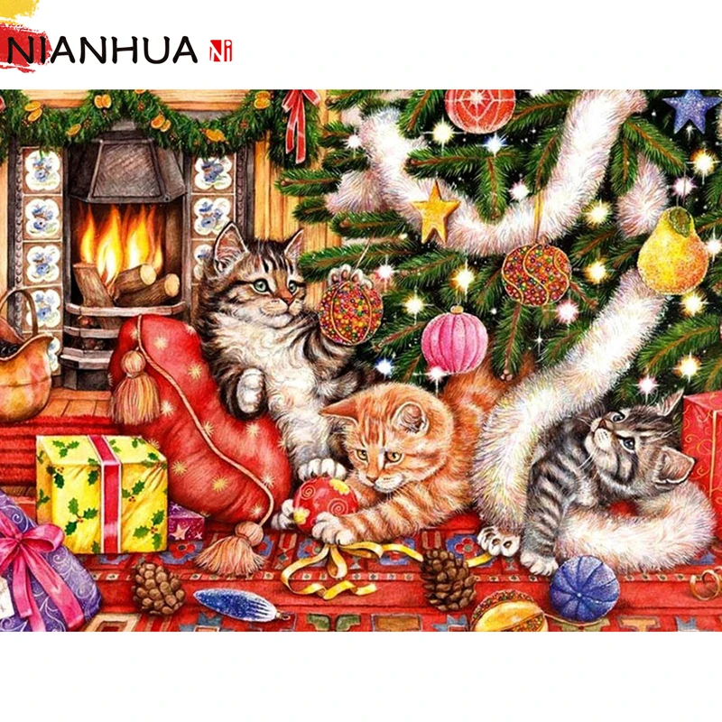 Алмазная живопись 5D Кот мультфильм Животные Рождество Круглый квадратный фото