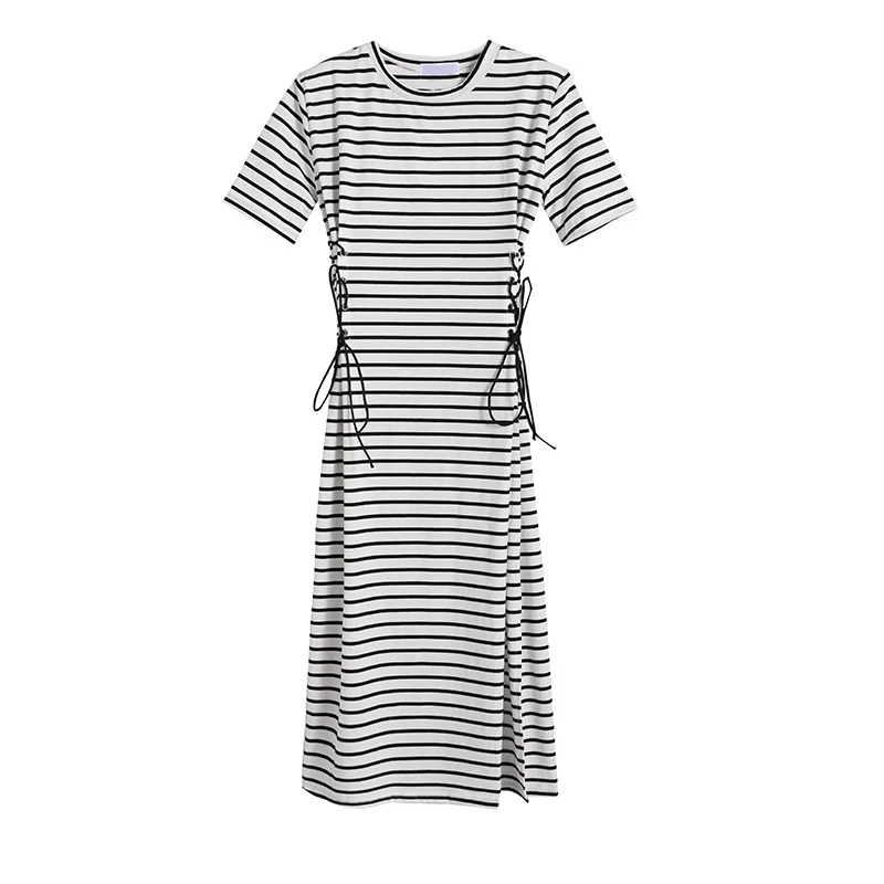 

Korean Style Dress for Women 2021 New Summer Elegant Slim Fit T-shirt Skirt Mid-Length Striped Slit Dress