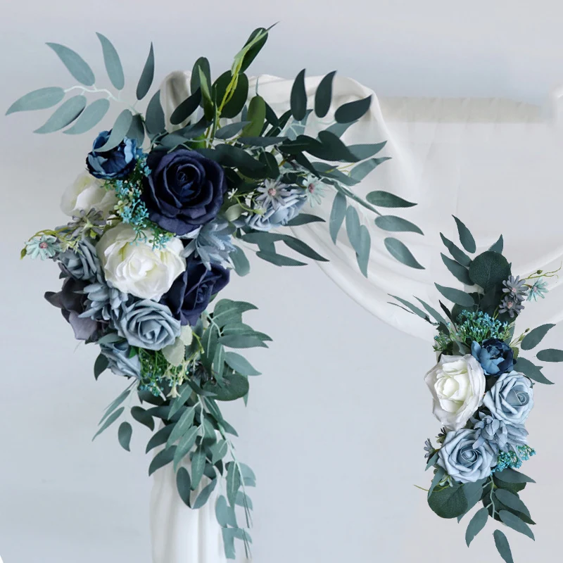 Conjunto de decoración para arco de boda, cartel de bienvenida, Rosa Artificial, flores de esquina, colgante de pared, fila de flores, arreglo para fiesta, color azul, 2 uds.