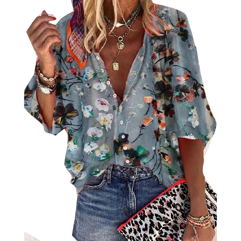 

Loose Blouse Women Flower Print V-Neck Button Casual Leisure Vintage Clothes 2021 Summer Female Top Shirt Blusa Feminina SJ8236C