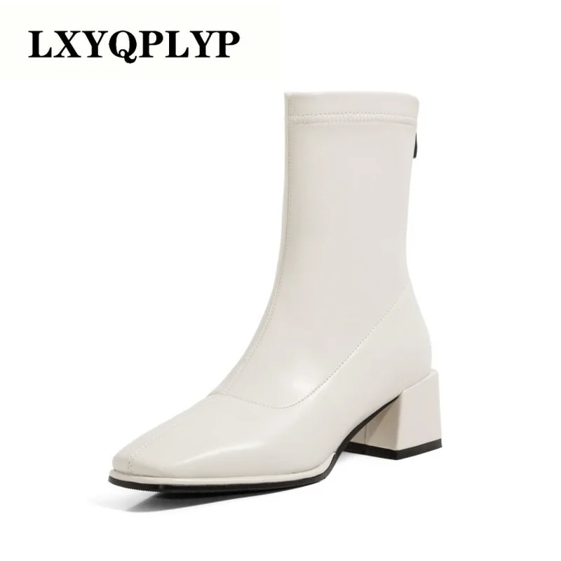 

2021 women's autumn and winter new European and American fashion simple casual all-match thick heel short boots square toe boots