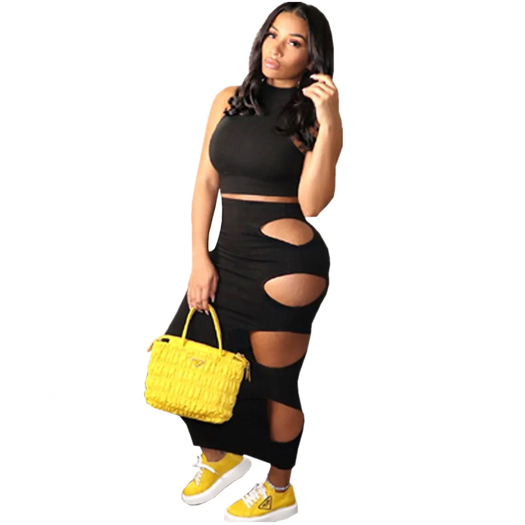 

APSUAELGB.-Summer 2021 new European and American women's sexy pure color hole buttocks sleeveless two dress set