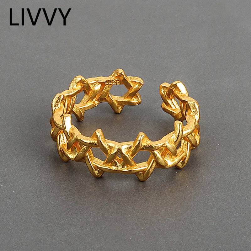 

LIVVY Silver Color Korean Creative Pentagram Star Link Opening Ring Female Handmade Gift Jewelry Accessories 2021 Trend