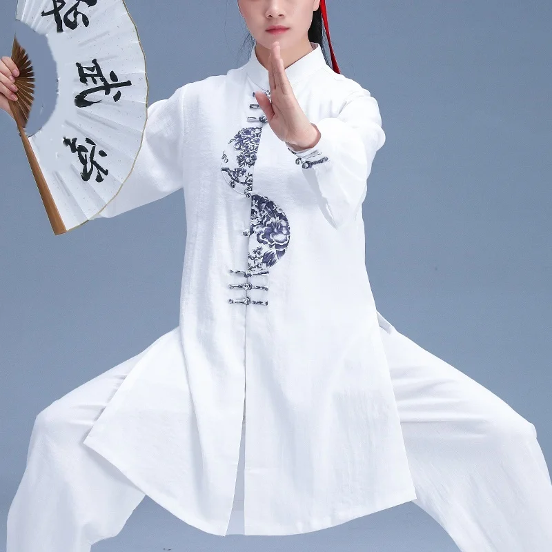 White Women Wushu Tai Chi Sets Long Sleeve Kung Fu Uniform Female Morning Exercise 2PCS Suit Chinese Style Tai Chi Uniform