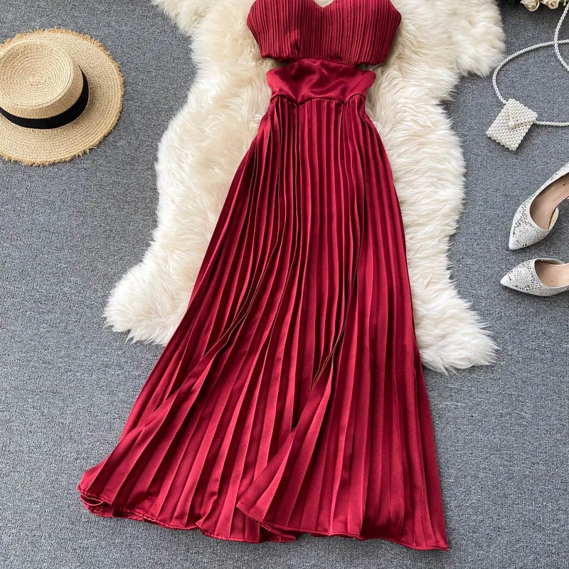 

Red/Yellow/Black Sexy Spaghetti Strap Dress Women Elegant Hollow Out High Waist Pleated Vestidos Female Party Robe 2020 Summer