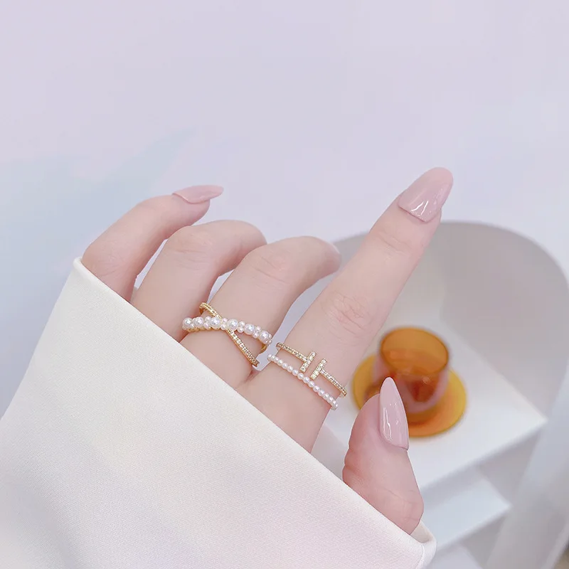 

New design Korean fashion cross pearl zircon open ring T-shaped double layer temperament wild personality rings for women