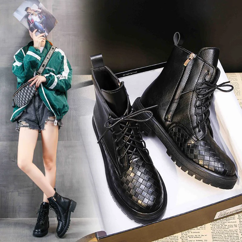

Diamond Grid Lace-up Side Zipper Round Head Thick Heel Short Boots Female Autumn Winter 2021 New Fashion All-match Women's Boots