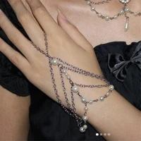 punk trendy silver color multilayer chain link finger bracelets chic imitation pearl hand harness jewelry bracelet for women