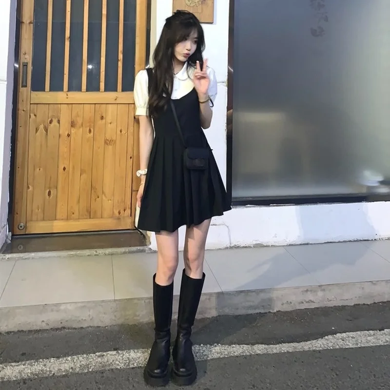 Casual Party Y2k Black Lolita Dress Female High Street 2 Piece Set Korean Style 2021 Summer Cute French Vintage Mini Dress Women
