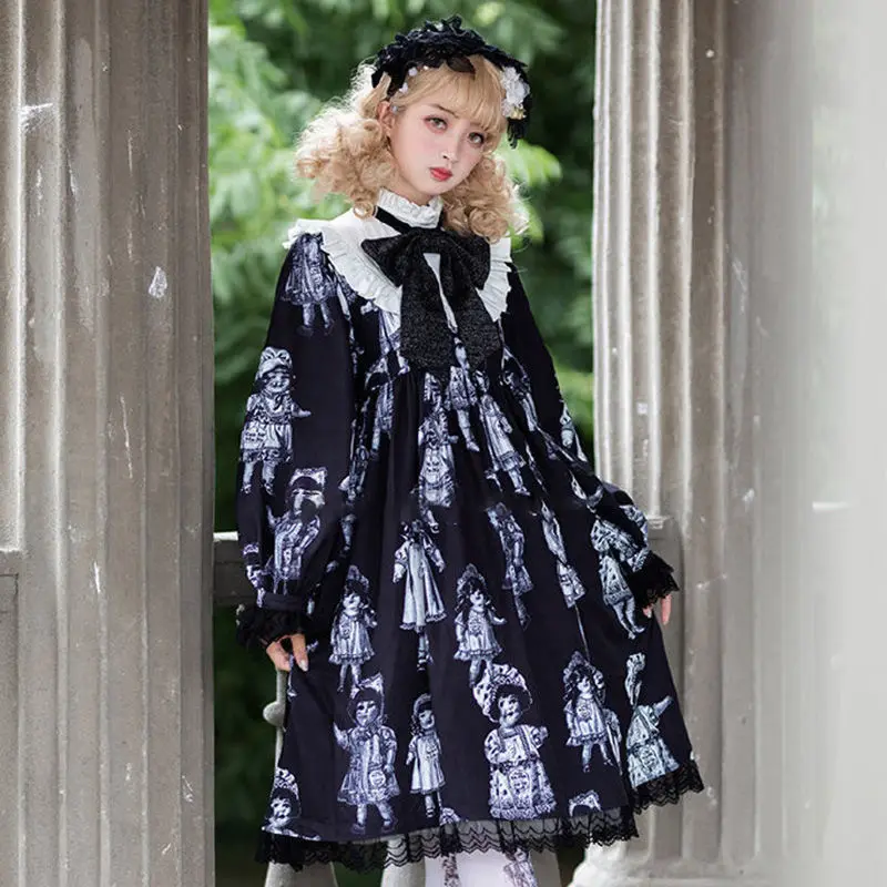 

Gothic Classical Lolita Dark Dress Newspaper Doll Lolita Long Sleeve Autumn Dress OP Victorian Kawaii Girl Princess Party Loli