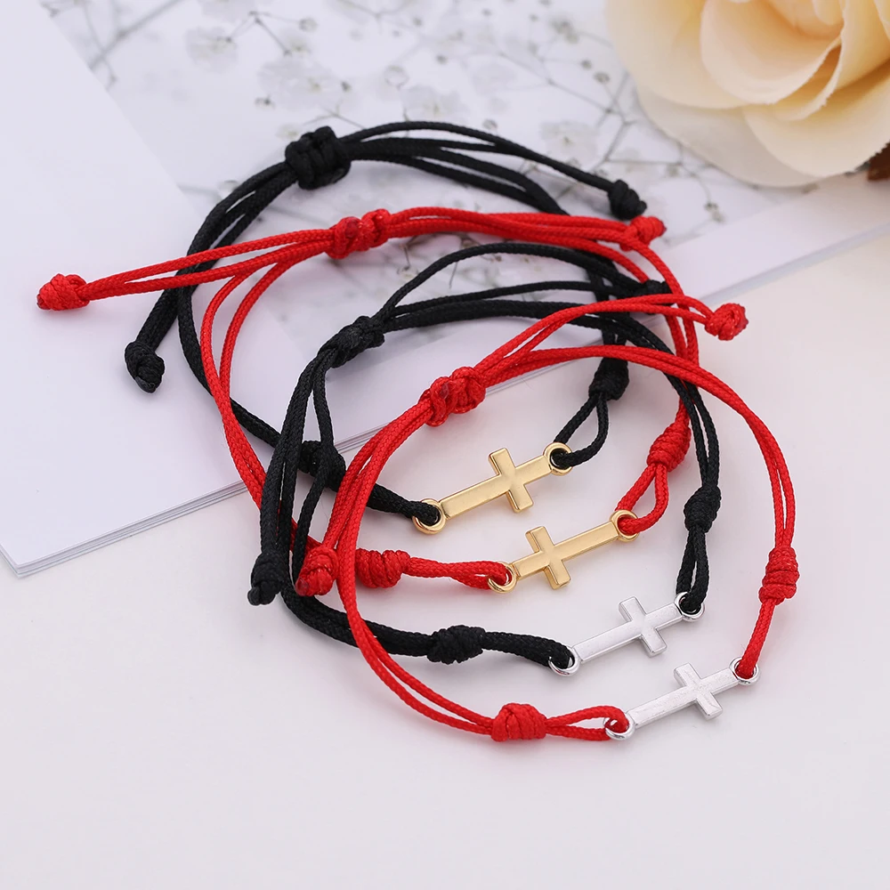 Красный браслет ручной работы на шнуровке Крест Бог благословит плетеный из