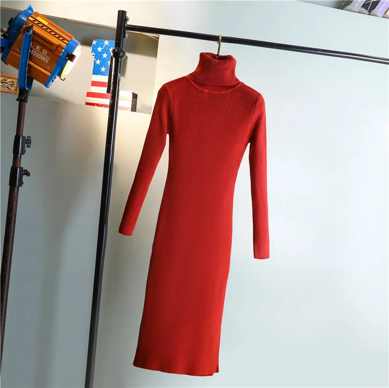 

2021 Women Fashion Autumn Winter Classic Simple Versatile Pure Color Straight Side Slit Lapel Basic Base Knitted Dress Female
