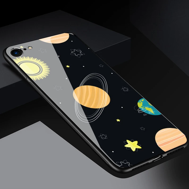 Тонкое закаленное стекло+ мягкая силиконовая рамка задняя крышка для iphone XM XS XR X 8 7 6 6S Plus чехол с изображением Луны и звездным принтом чехол для телефона s - Цвет: type 2