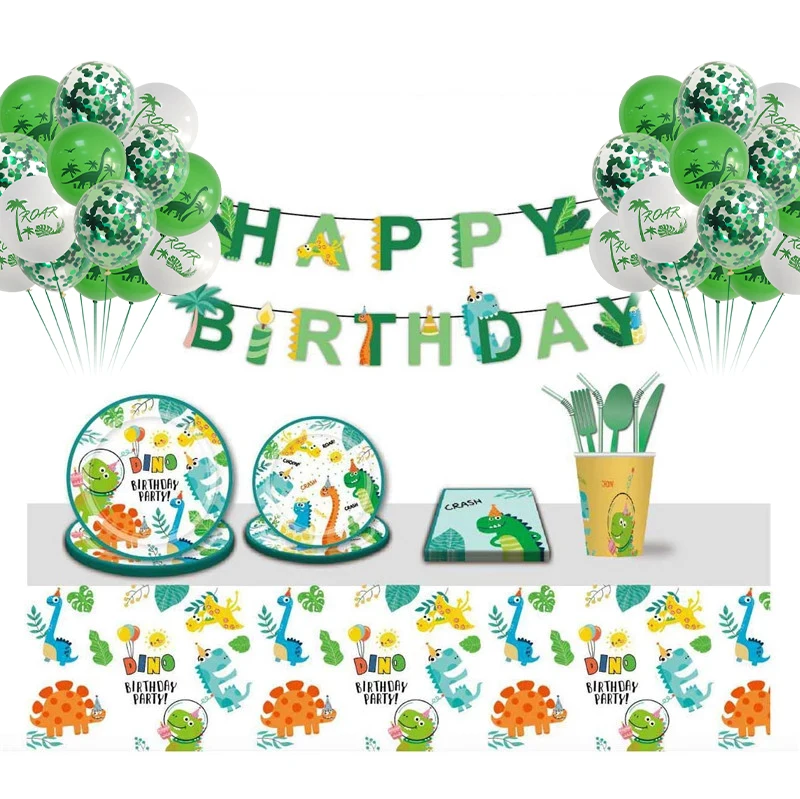 

16pcs Disposable Tableware Dinosaur Theme Party Paper Plate Tablecloth For Kids Birthday Party Decoration Supplies KK58