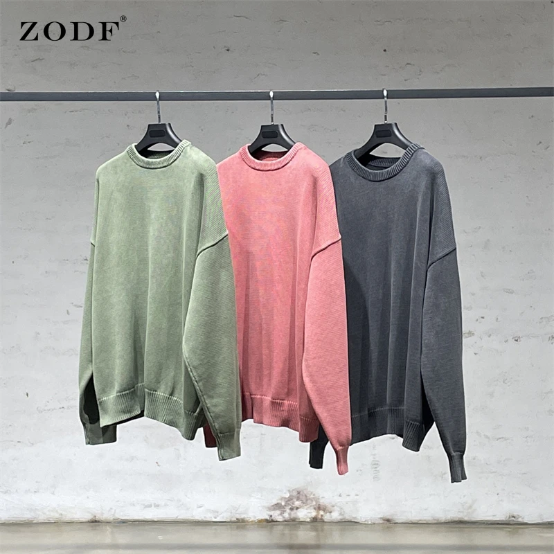 

ZODF Retro 2021 Men Autumn Wahed Sweaters Vintage High Street Loose Unisex Knitted O-Neck Pullovers Brand Streetwears HY0309