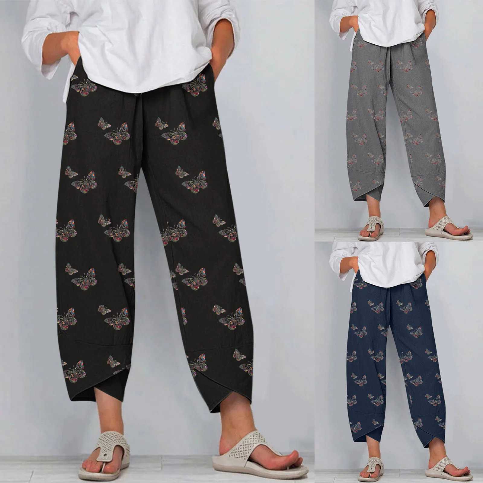 

2022 Women Pants Fashion Casual Butterfly Printed Elastic Waist Wide Leg Pants Trousers Ankle-length Pantalones de mujer Loose
