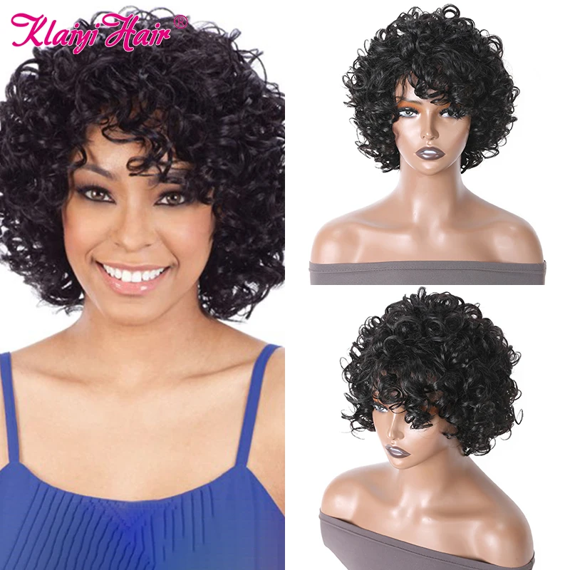Enlarge Klaiyi Hair Curly Pixie With Bangs Short Human Hair Wigs For Women Loose Curly Full-mechanism Wig 10 Inch Bouncy Curly Hair