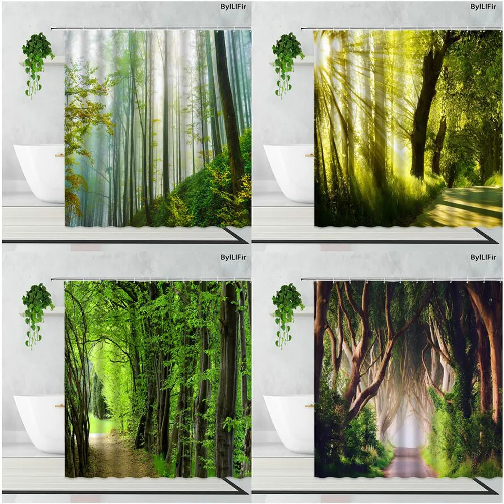 

Misty Forest Landscape Shower Curtains Green Sunshine Jungle Natural Scenery Home Decor Background Waterproof Bath Curtain Sets