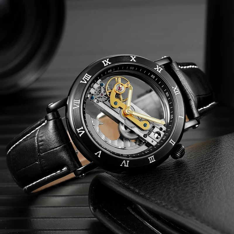 Forsining Double Side Transparent Automatic Men Watch Top Brand Luxury Skeleton Black Leather Wristwatch Relogio Masculino | Наручные