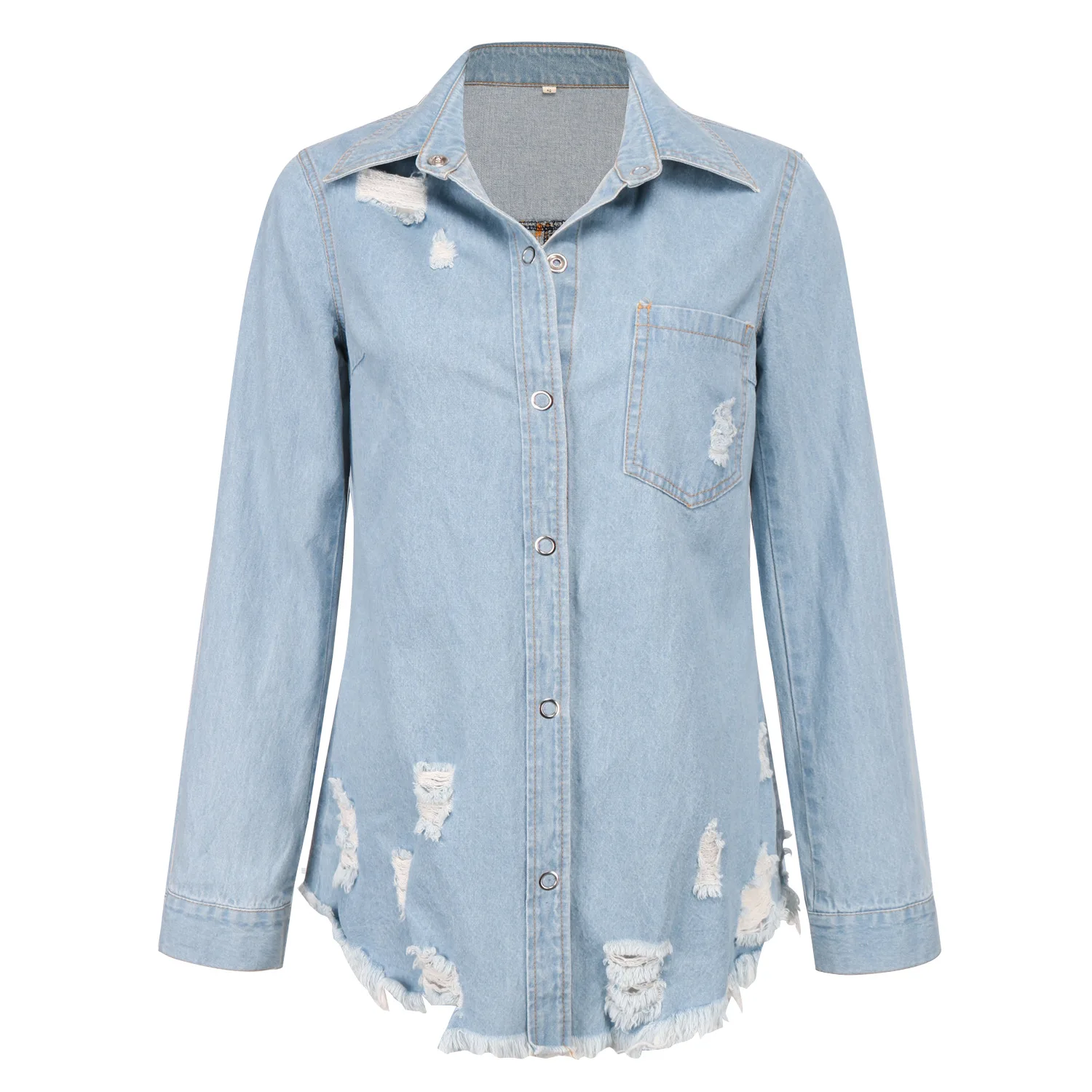 Женская джинсовая куртка с длинным рукавом синяя дырками хлопковая в Корейском