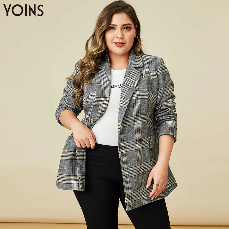 

YOINS Long Sleeve Women Blazer Autumn 2022 Vintage Plaid Printed Basic Blazers Loose Casual OL Office Coats Femme Oversized