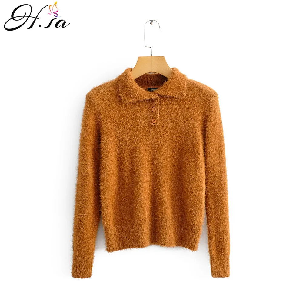 

H.SA European Fashion Women Long Sleeve Turn Down Collar Sweater and Jumpers Button Up Orange Knitwear Loose Spring Tops Women