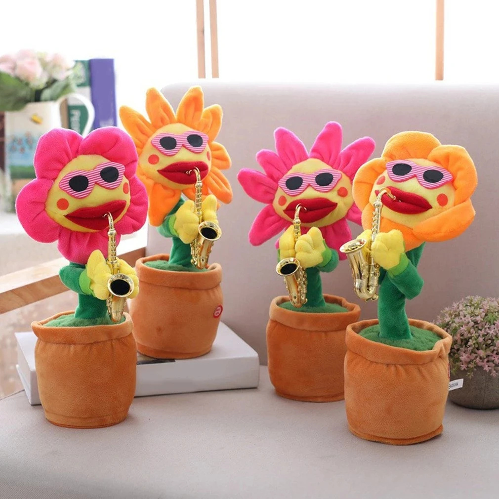 

Electric Usb Sunflower plush toy Singing Dancing Speak Talk Sound Record Toy Electric Saxophone Funny Doll Home Accessories