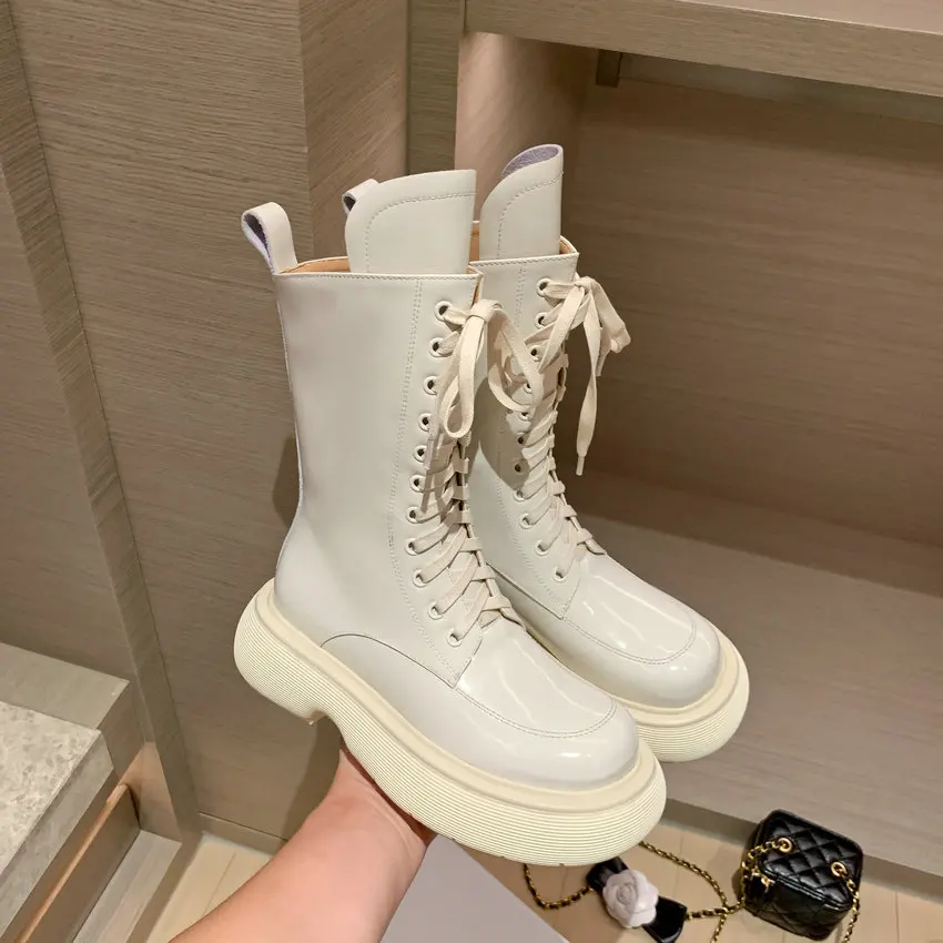 Murah ESVEVA 2022 Sepatu Bot Berkendara Hak Med Tali Kulit Asli Ringkas Baru Sepatu Musim Dingin Wanita Ukuran 34-39