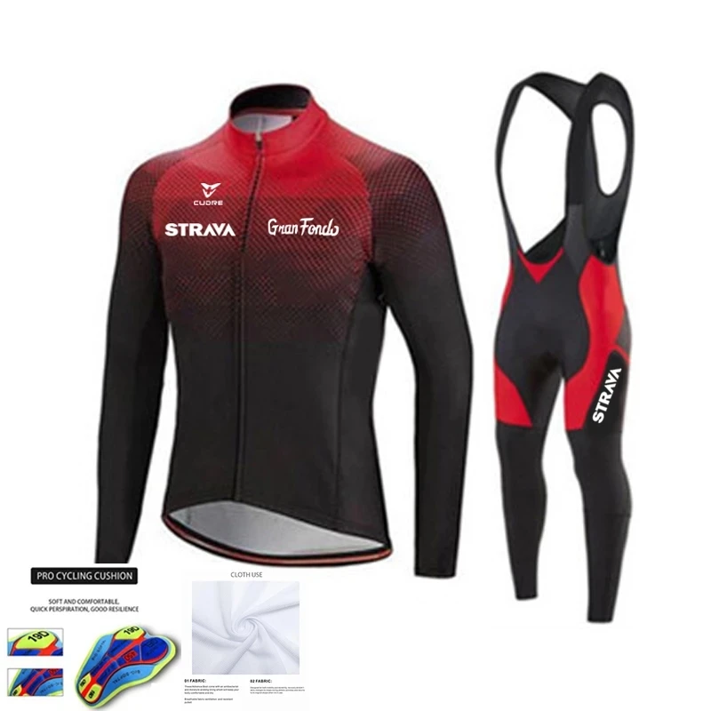 

STRAVA Cycling Jersey sets red Bicycle clothing long Sleeve Racing Sport maillot Mens Cycling Clothing Bib pants bike Jersey